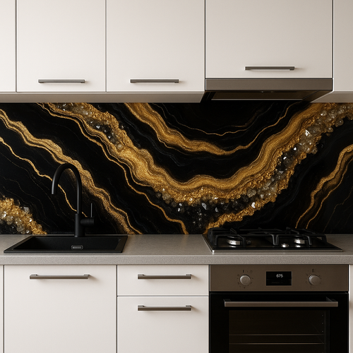 Luxury Resin Kitchen Splashback – Black, Gold & Crystal Elegance