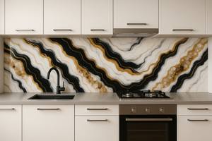 Luxury Resin Kitchen Splashback – Black, Gold & Crystal Elegance