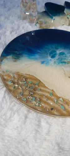 Resin Silver starfish platter with real sand, turquoise gems. Opal flakes and Silver leaf