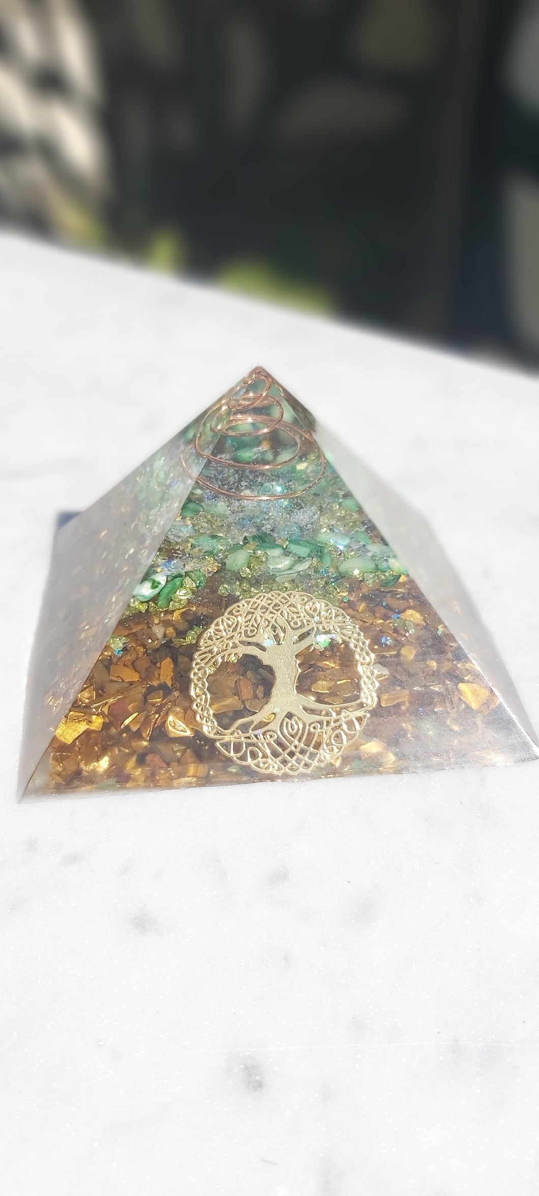 Organite pyramid with real healing Crystals and EMF protection. Tree of Life