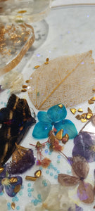 Resin Serving Platter with real crystals, opal flakes and butterfly