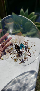 Resin Serving Platter with real crystals, opal flakes and butterfly