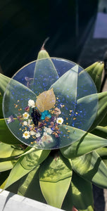 Resin Serving Platter with real crystals, opal flakes and butterfly