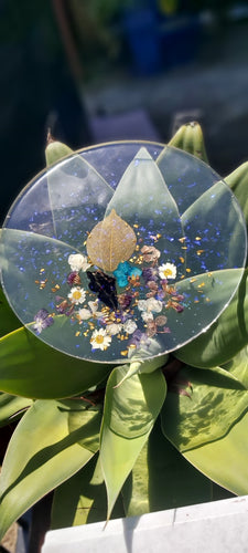 Resin Serving Platter with real crystals, opal flakes and butterfly