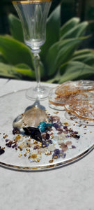 Resin Serving Platter with real crystals, opal flakes and butterfly