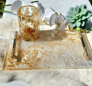 Resin Platter with pearlescent white and 24k Gold Leaf with designer gold handles - Sold - orders taken