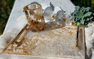 Resin Platter with pearlescent white and 24k Gold Leaf with designer gold handles - Sold - orders taken