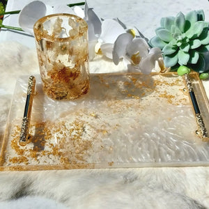 Resin Platter with pearlescent white and 24k Gold Leaf with designer gold handles - Sold - orders taken